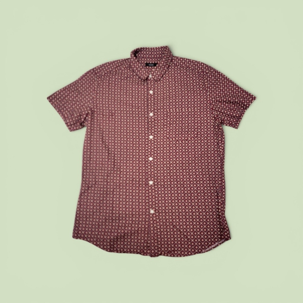 Nutexrol Mens Short Sleeve Button Down Shirt Burgundy‎ Geometric Print Size L